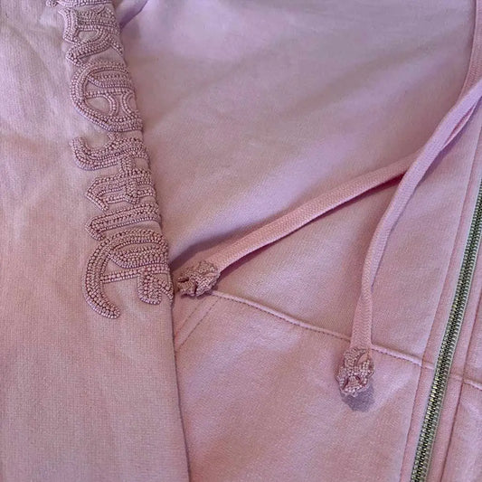 Chrome Hearts Light Pink Beaded Hoodie Zip Up