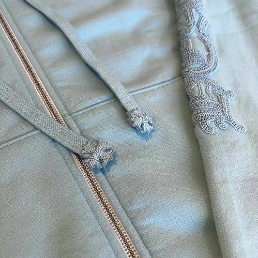 Chrome Hearts Light Blue Beaded Hoodie Zip Up