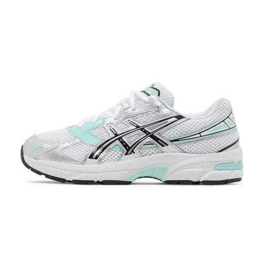 Lateral profile view of the ASICS GEL-1130 White Aqua sneaker featuring a white mesh upper, metallic silver tiger stripes, aqua blue underlay pops, a white midsole, and aqua GEL cushioning pods.