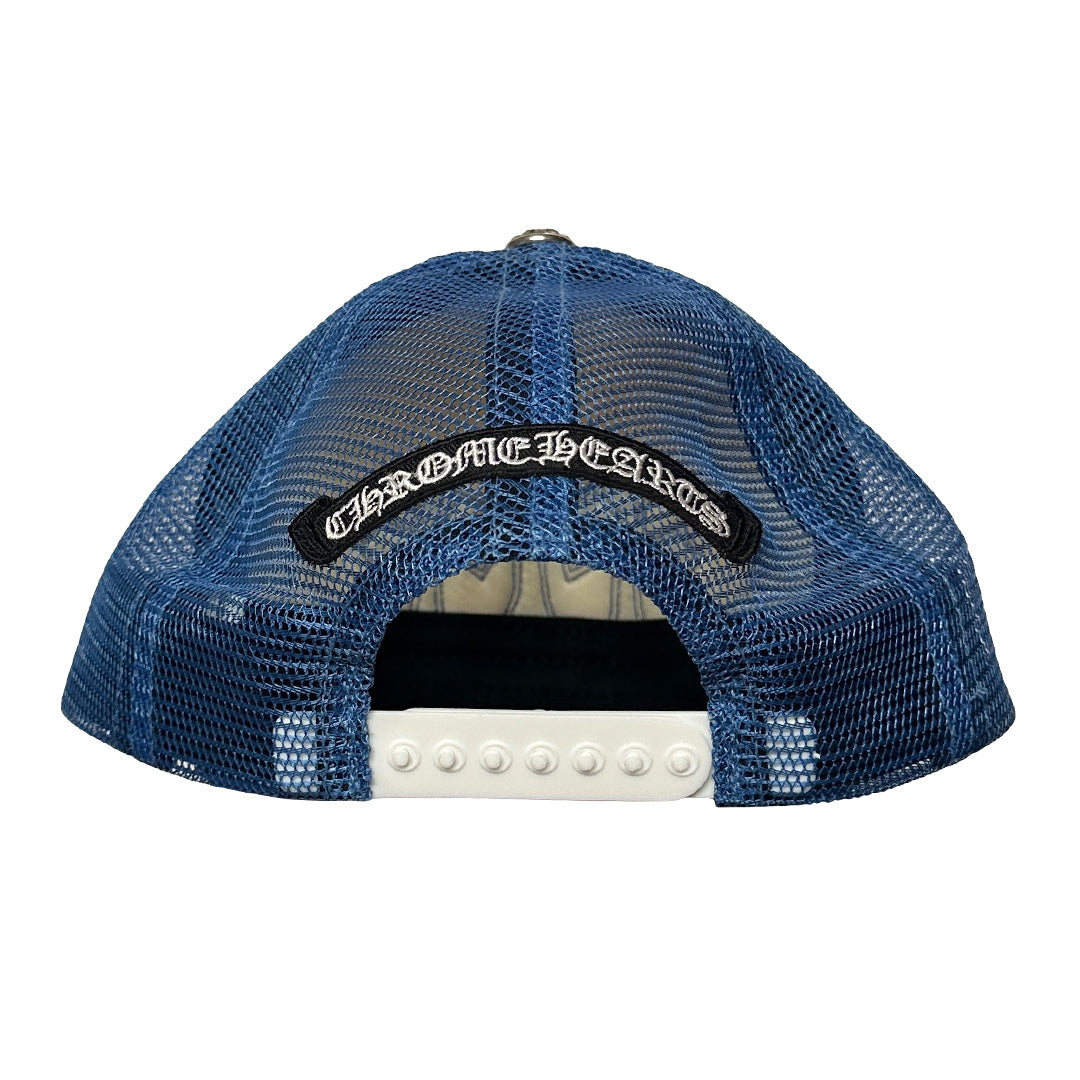 Chrome Hearts Triple Cross Cemetary Leather Trucker Hat White Blue
