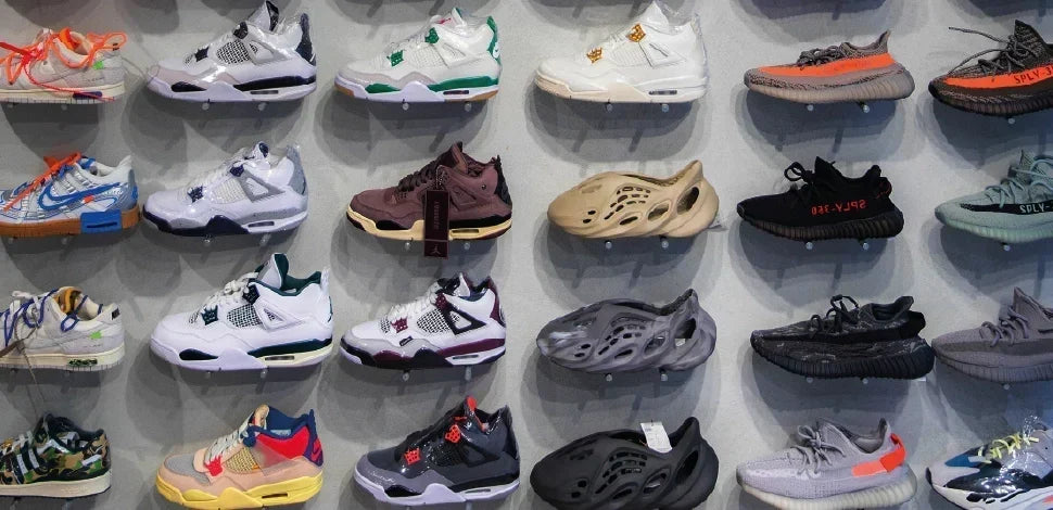 Sneakers displayed on a shelf as part of a personal collection