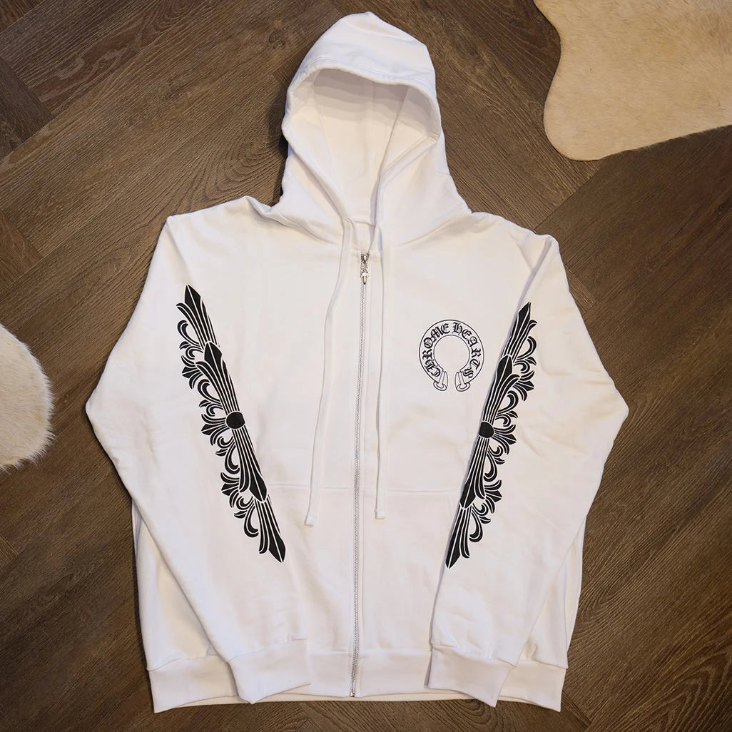 Chrome Hearts Horseshoe Floral Zip Up White Hoodie