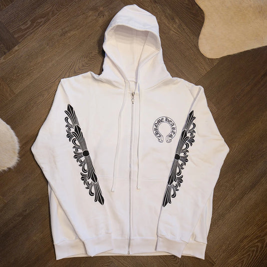Chrome Hearts Horseshoe Floral Zip Up White Hoodie