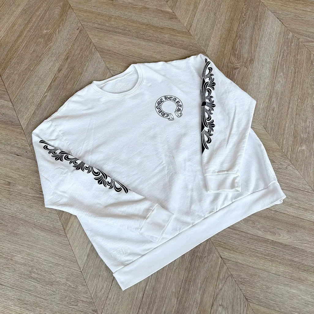 Chrome Hearts Floral Sleeve Horseshoe Crewneck Sweatshirt 'White / Black'