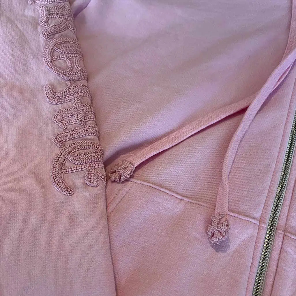Chrome Hearts Light Pink Beaded Hoodie Zip Up
