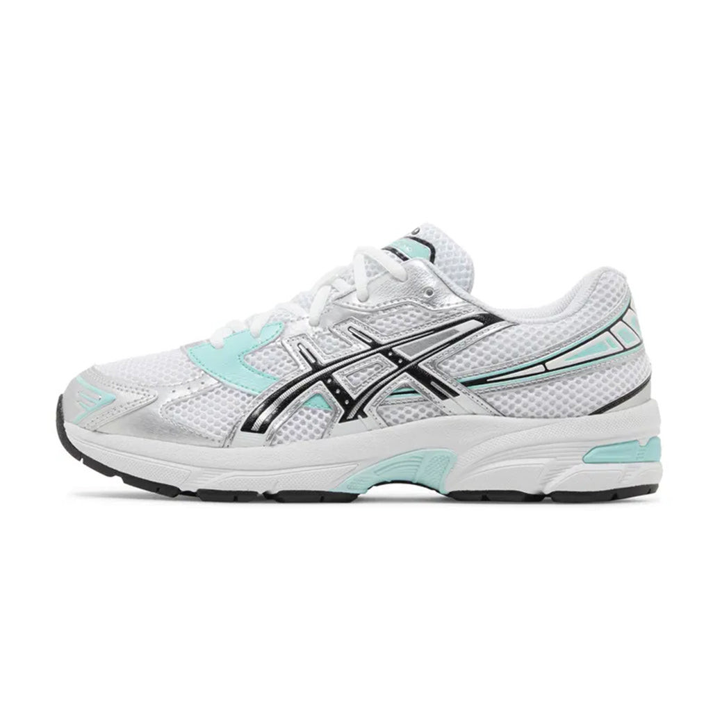 Lateral profile view of the ASICS GEL-1130 White Aqua sneaker featuring a white mesh upper, metallic silver tiger stripes, aqua blue underlay pops, a white midsole, and aqua GEL cushioning pods.