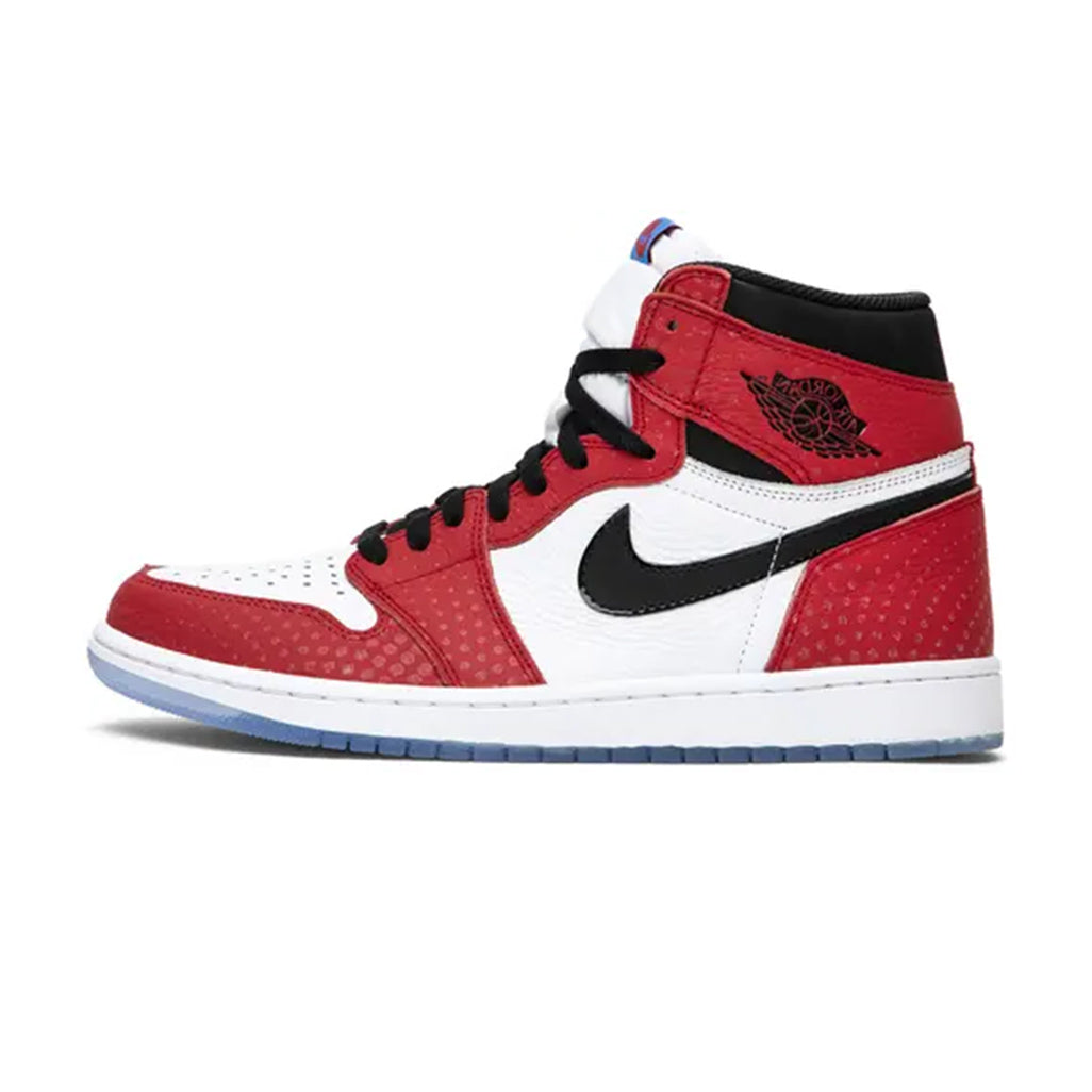 Lateral profile view of the Jordan 1 Retro High OG Spider-Man Origin Story sneaker featuring a white leather base, red leather overlays with reflective polka dots, a black Swoosh, white midsole, and an icy translucent blue outsole.
