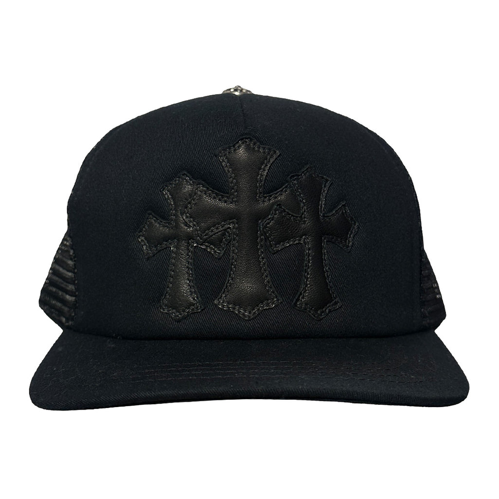 Chrome Hearts Cemetery Leather Cross Baseball Trucker Hat Black