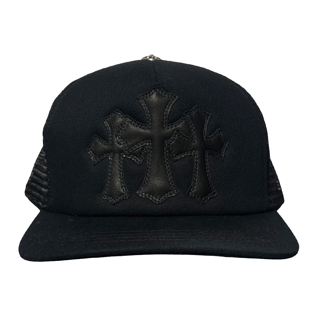 Chrome Hearts Cemetery Leather Cross Baseball Trucker Hat Black