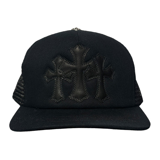 Chrome Hearts Cemetery Leather Cross Baseball Trucker Hat Black