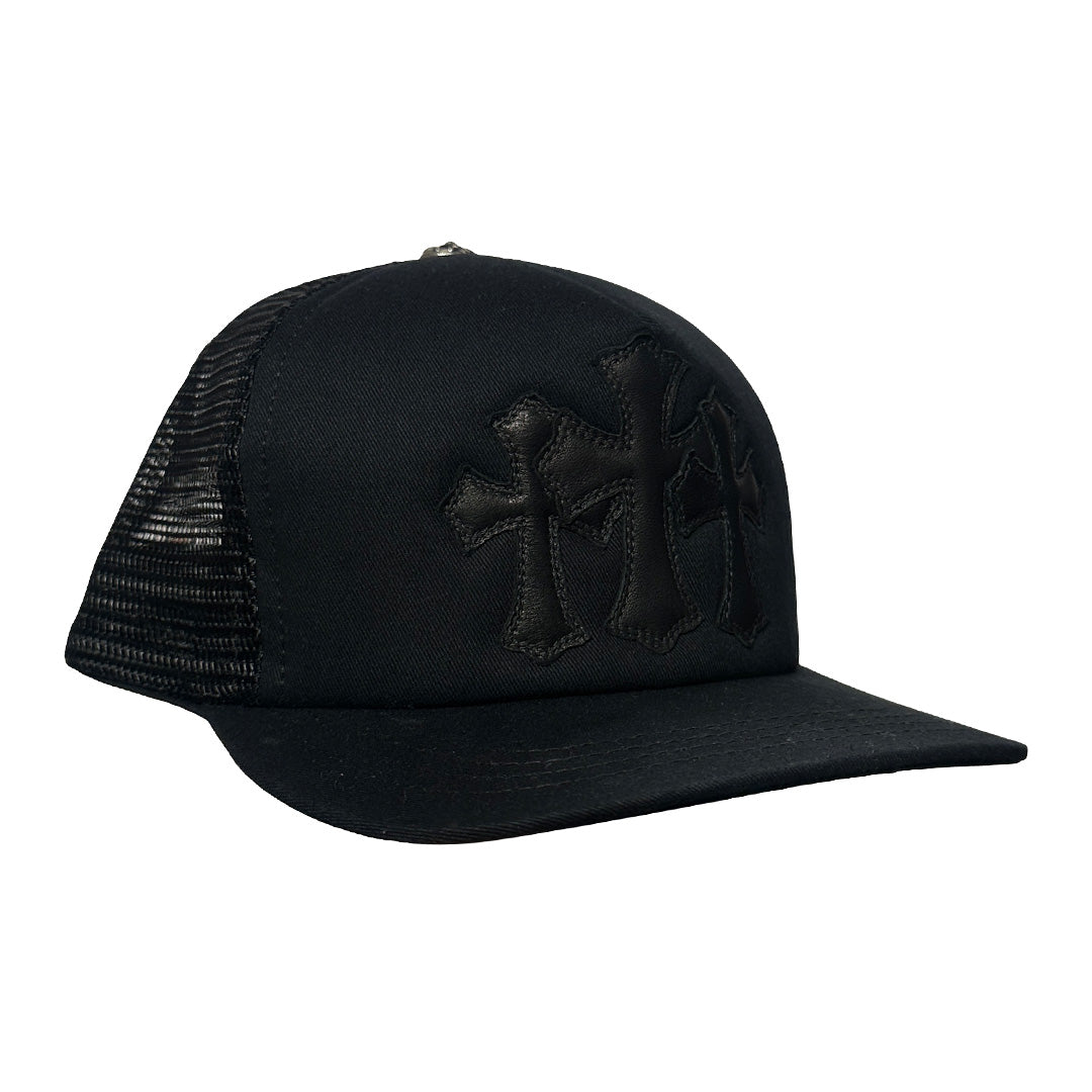 Chrome Hearts Cemetery Leather Cross Baseball Trucker Hat Black