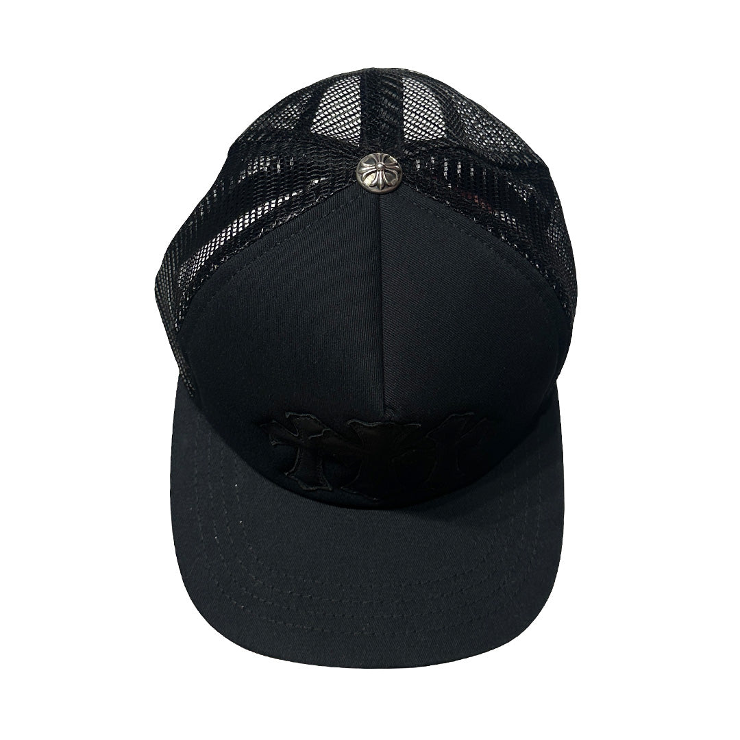 Chrome Hearts Cemetery Leather Cross Baseball Trucker Hat Black