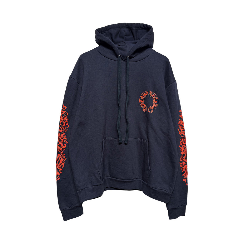Chrome Hearts Horseshoe Floral Sleeve Pullover Hoodie Navy & Red