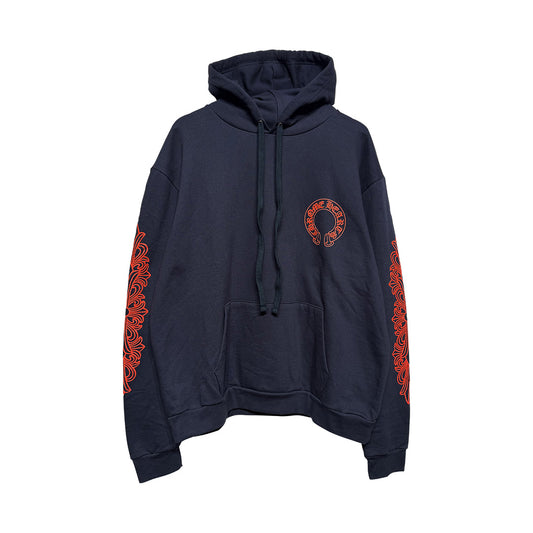 Chrome Hearts Horseshoe Floral Sleeve Pullover Hoodie Navy & Red