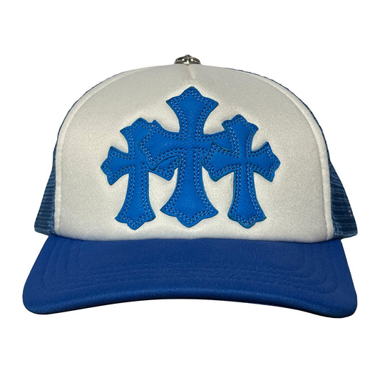 Chrome Hearts Triple Cross Cemetary Leather Trucker Hat White Blue