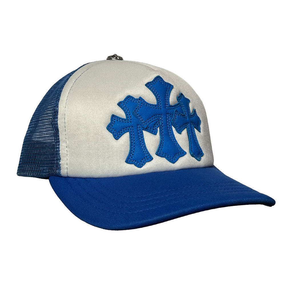 Chrome Hearts Triple Cross Cemetary Leather Trucker Hat White Blue