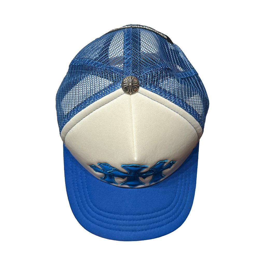Chrome Hearts Triple Cross Cemetary Leather Trucker Hat White Blue