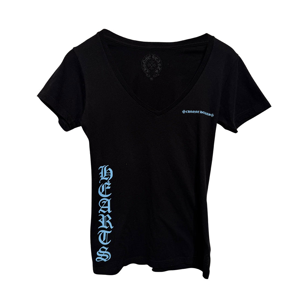 Chrome Hearts V-Neck Short Sleeve T-Shirt Blue Script Black
