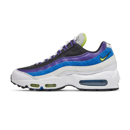 Lateral side view of the Nike Air Max 95 Kaomoji sneaker featuring layered purple, blue, and white wave panels, a black upper throat, purple lace loops, a white midsole with visible blue and Volt Air units, and a black outsole.