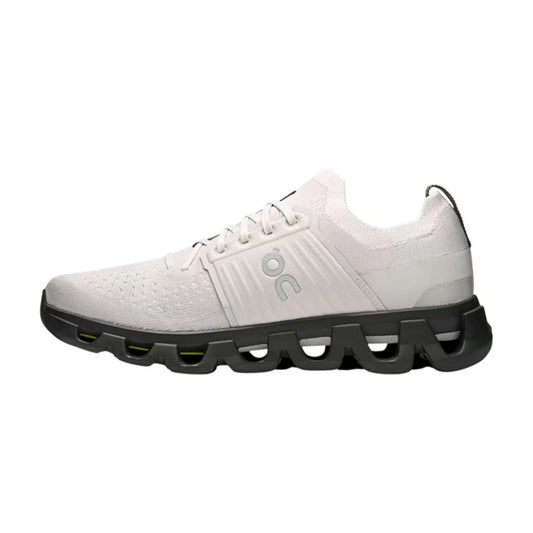 Lateral profile view of the On Running Cloudswift 3 Wolf Black sneaker featuring a wolf grey engineered knit upper, midfoot TPU cage with white On logo, and a black CloudTec midsole.