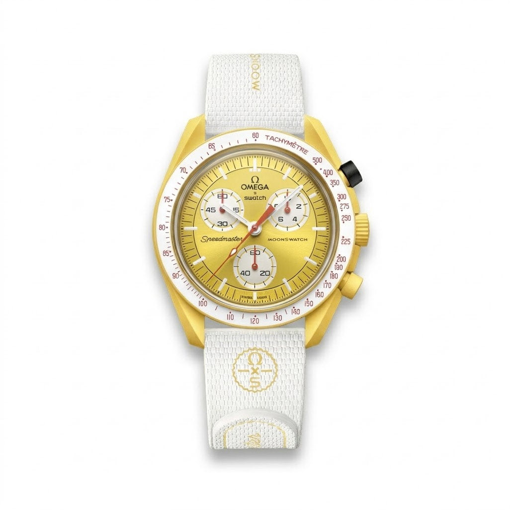 Front face view of the Swatch x Omega MoonSwatch Mission To The Sun Solar Eclipse watch (SSX01J100-1) featuring a bright yellow Bioceramic case, yellow chronograph dial with three white sub-dials, tachymeter bezel, and a white Velcro strap.