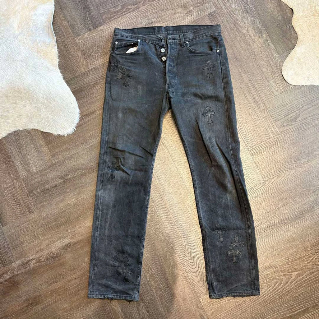 Chrome Hearts Grey Black Denim Jeans 14 Patches - 1