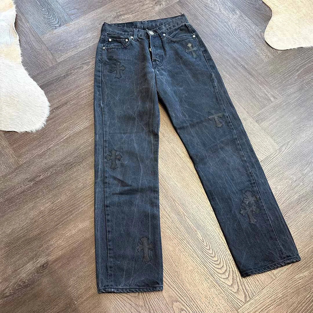 Designer Chrome Hearts denim jeans grey black with 14 patch details streetwear UK style