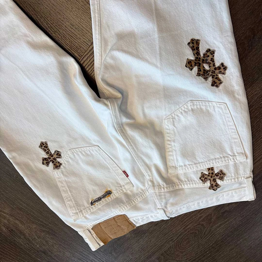 Buy Chrome Hearts leopard patch jeans white denim