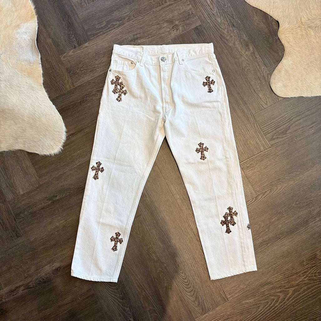 Chrome Hearts leopard 16 patch jeans white denim