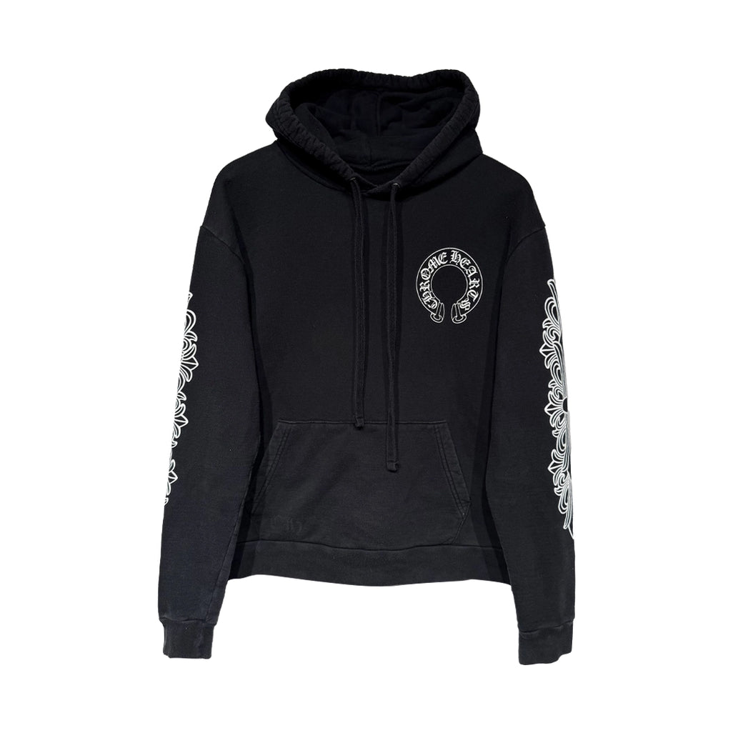Chrome Hearts Black Pullover Hoodie featuring the white Horseshoe Logo on the chest and Floral Cross Scrollwork running down the sleeves.