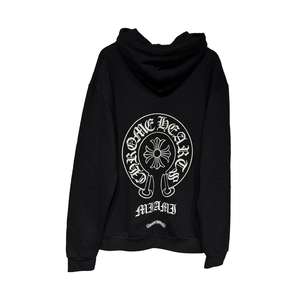 Chrome Hearts Black Pullover Hoodie back view showing the oversized white Horseshoe Logo graphic and "MIAMI" gothic text print beneath it.