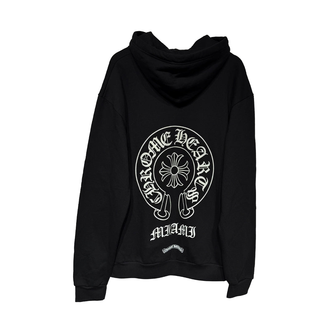 Chrome Hearts Black Pullover Hoodie back view showing the oversized white Horseshoe Logo graphic and "MIAMI" gothic text print beneath it.