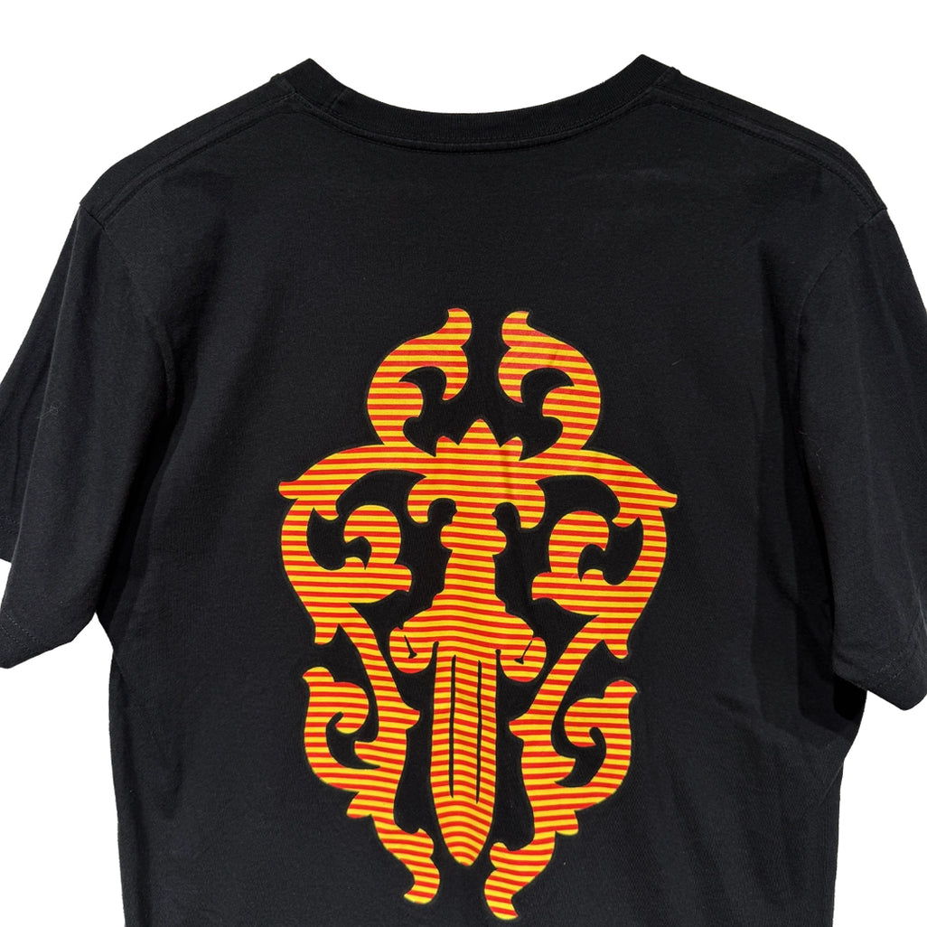 Chrome Hearts Black T-Shirt displaying the large Jumbo Dagger Graphic in orange and yellow stripes on the back