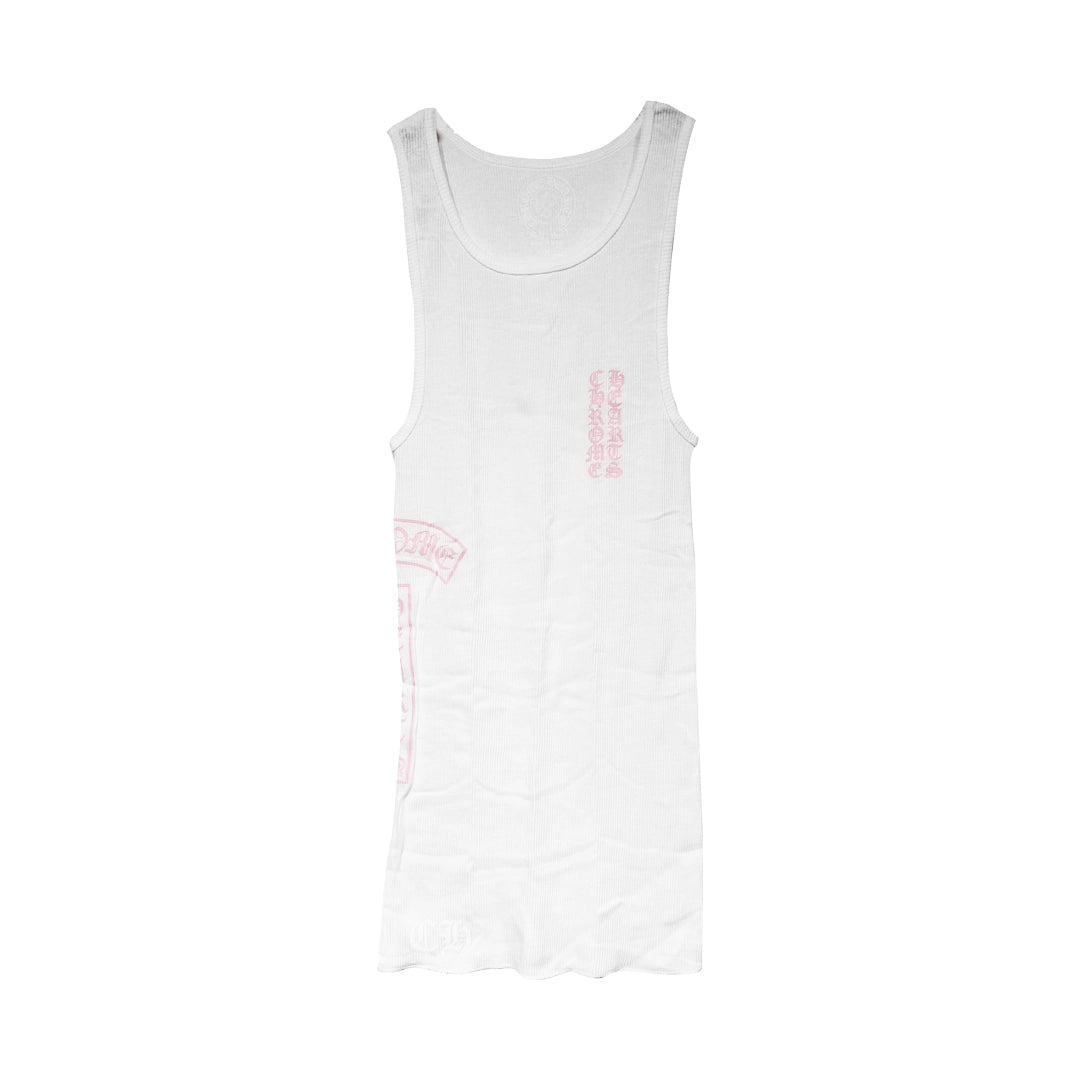 Chrome Hearts White Ribbed Tank Top with pink vertical Gothic Text and pink Fleur-de-Lys graphic on the chest.