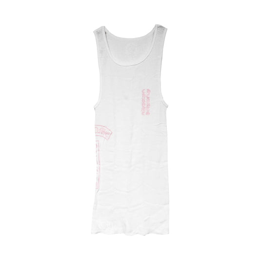 Chrome Hearts White Ribbed Tank Top with pink vertical Gothic Text and pink Fleur-de-Lys graphic on the chest.