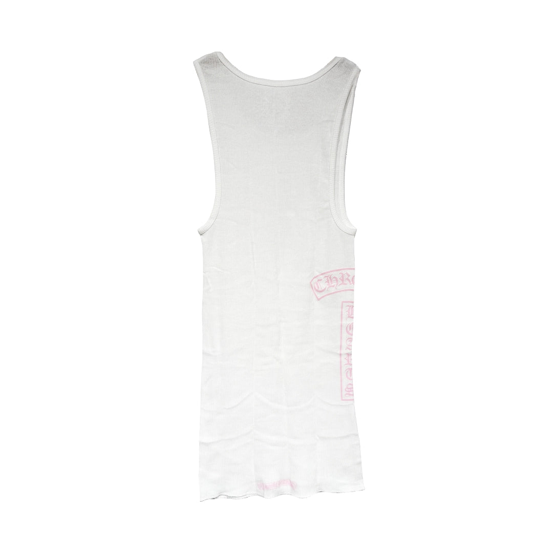 Chrome Hearts White Ribbed Tank Top showing the pink vertical Gothic Text running down the spine on the T-Bar back.
